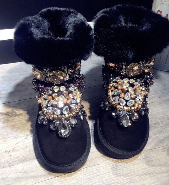 

europe really new original homemade heavy work beaded rhinestone leather waterproof thick bottom warm short snow boots, Black