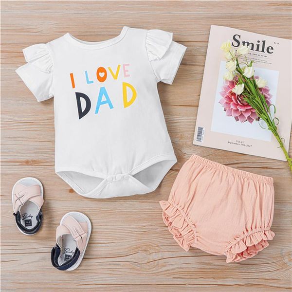

clothing sets 2pcs infant baby girl romper set short sleeve i love dad letter printed triangle bodysuit solid color ruffled shorts, White