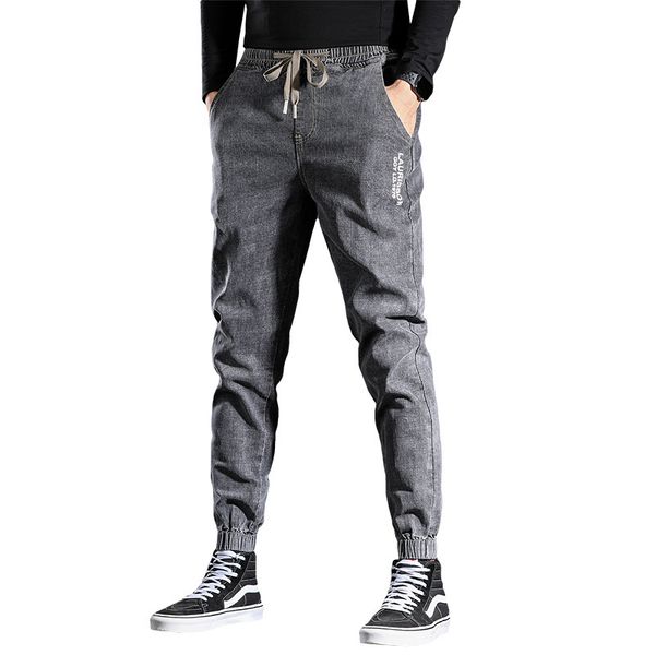 

fall/winter gray youth trousers elastic mid-rise tapered cargo letter print denim for men jeans homme marque de luxe, Blue