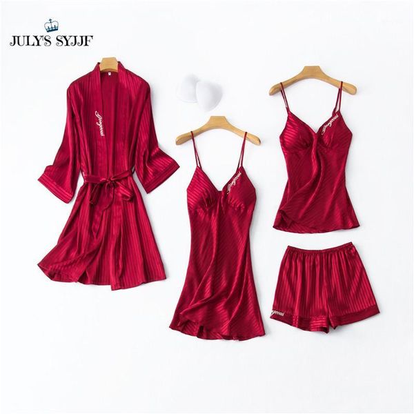 

july's syjjf women's pajamas stain silk elegant sleepwear embroidery nightwear pajamas sets dress ladies shorts homewear1, Black;red