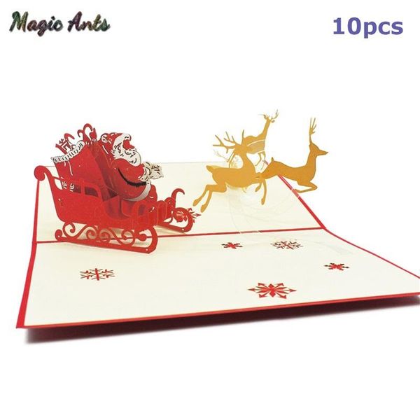 

10 pack с рождеством карты санта оленьей упряжке pop up карты с конвертом наклейки новый год поздравительные открытки ручной работы подарки