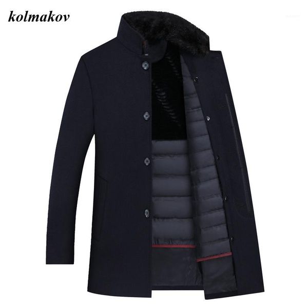 

new style men boutique woolen coat business casual solid detachable fur collar and down coat liner men trench woolen m-3xl1, Black