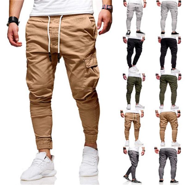 

pants fashion trend zipper drawstring running sweatpants spring male new multiple pockets casual loose straps trousers mens casual cargo, Black