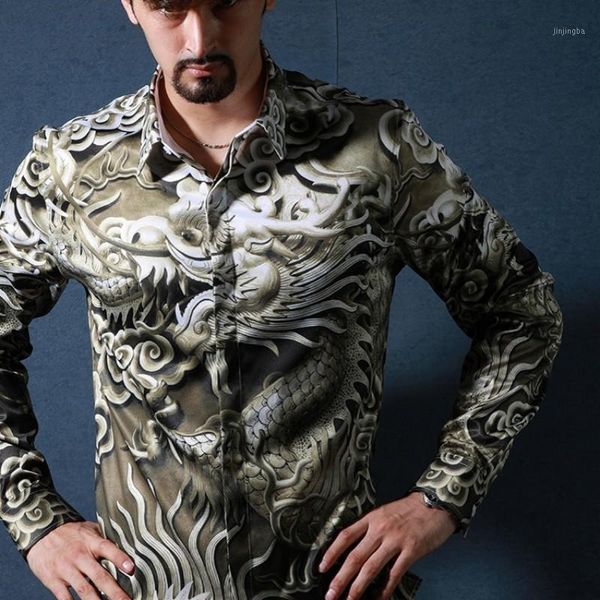 

2020 new chinese dragon printing men shirts fashion casual luxury shirts male long sleeve slim fit streetwear1, White;black