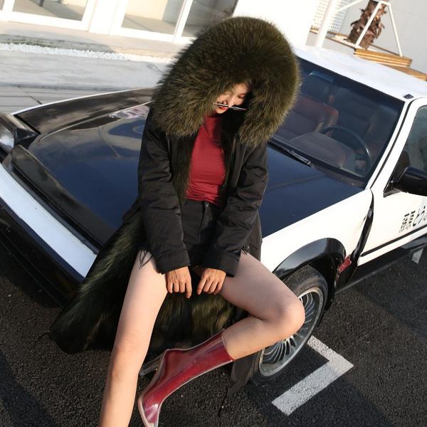 

2018 new winter luxury women 1 casual 3 in streetwear detachable natural real jacket fur collar coat parkas outerwear raccoon eddso, Black