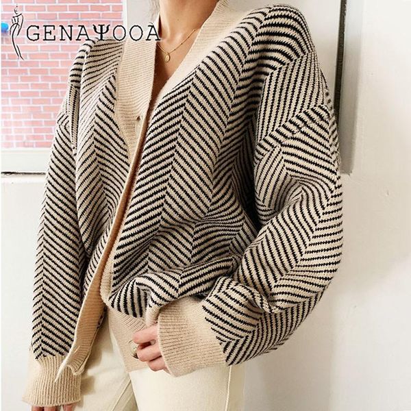 

genayooa vintage cardigan women korean style knitted vintage cardigan coat patchwork sweater women 2021 autumn winter chic, White
