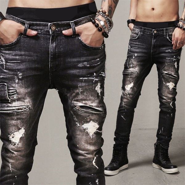 

new summer europe and america multi-pocket motorcycle zipper locomotive denim fine fit men's brim pants vyhp, Black