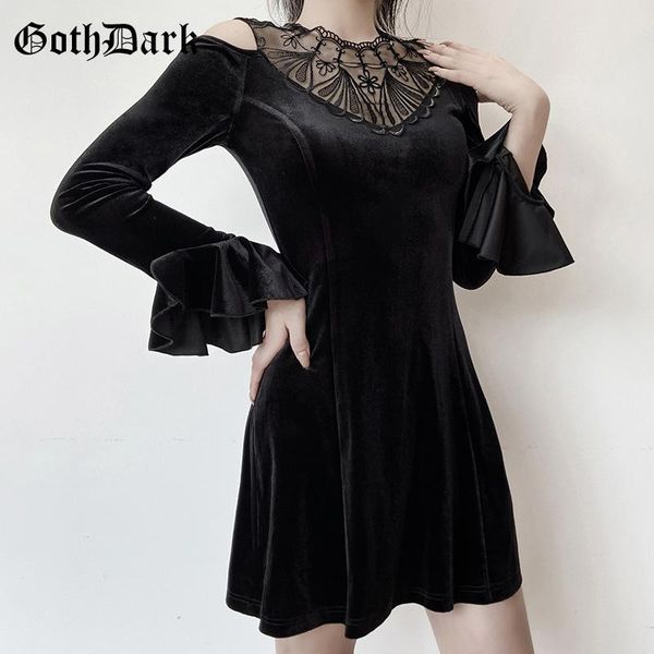 

goth dark vintage velvet gothic lace patchwork dresses pleated high waisted a-line black long sleeve women dress open shoulder, Black;gray