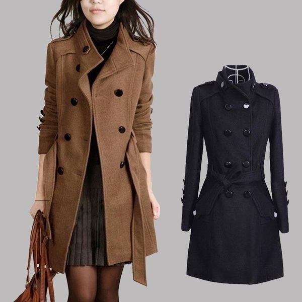 

women new fashion spring winter autumn loose long sleeve jacket coat outerwear windbreaker cardigan motorcycle coat woolen cloth, Tan;black