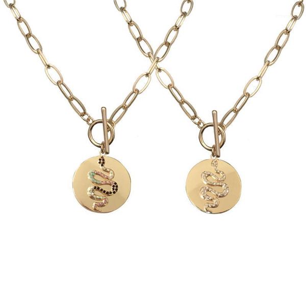 

2020 f/w new arrival gold color multi color jewel tone snake on disc pendant short necklace no extender for women1, Golden;silver