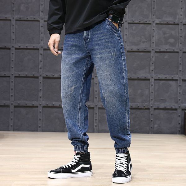 

2021 new fashion streetwear loose fit spliced designer denim cargo japanese vintage hip hop jeans men jogger harem pants l9tb, Blue