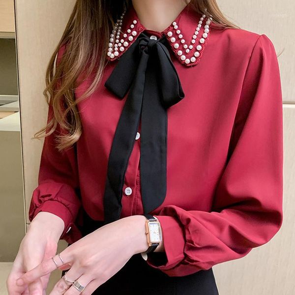 

2020 autumn new all-match women clothes bow tie turn down collar beaded long sleeve chiffon blouse shirt fashion white 1