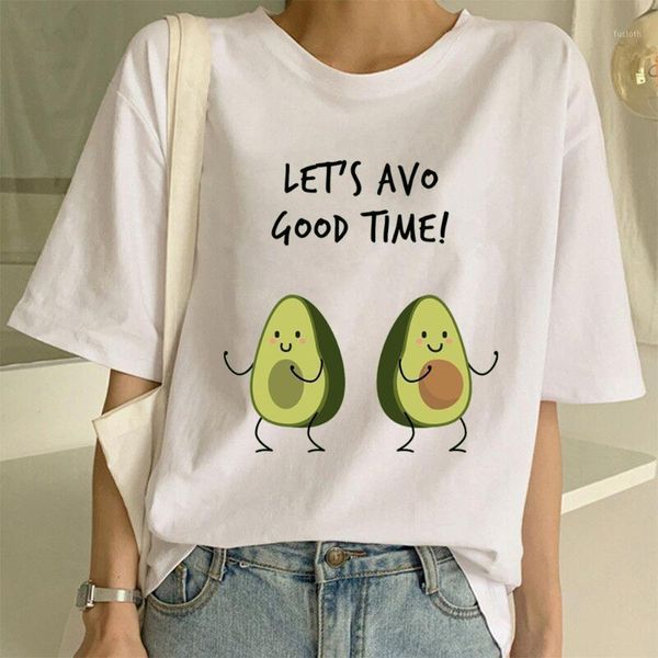 

harajuku kawaii cartoon avocado print short sleeve o-neck cute t-shirt women's casual t-shirt uzzang clothes1, White