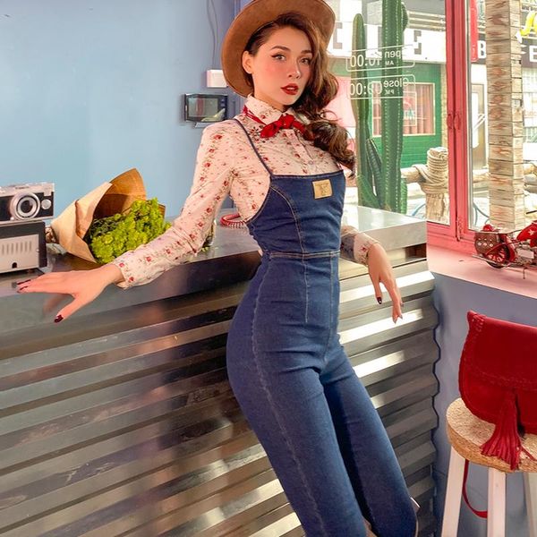 

le palais vintage 2020 original autumn winter new all match slim elastic denim overalls jeans woman skinny hemming pants, Blue