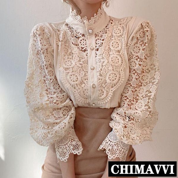 

women's blouses & shirts chic 2021 spring and autumn stand collar lace hollow flower stitched long-sleeved shirt ladies elegant blouse, White