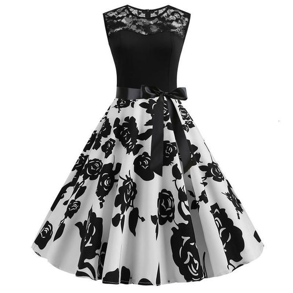 

vintage hepburn style dress vintage dresses women plus size lace up print dress ladies elegant spring summer sleeveless swing party dress, Black;gray