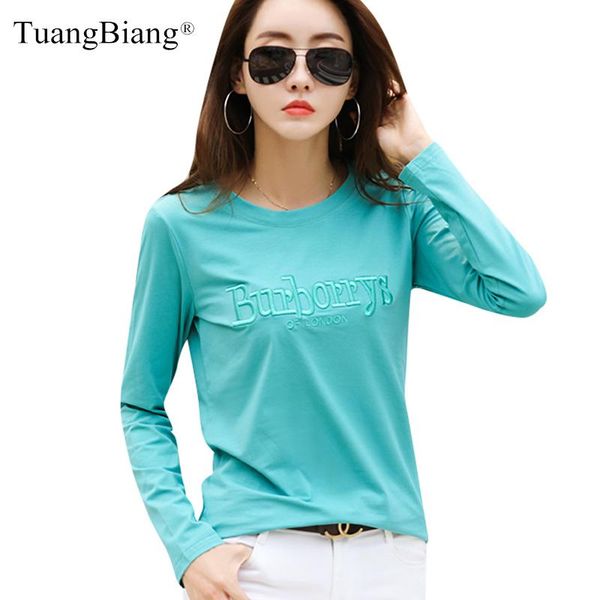 

women autumn embroidered 3d letters cotton t-shirt long sleeve 2021 spring o-neck casual tshirt loose pea green ladies soft, White
