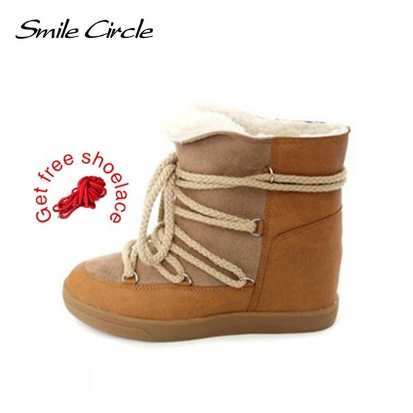 

smile circle winter shoes for women lace-up wedge boots women's high heel elevator shoes ankle boots warm plush snow boots 201021, Black