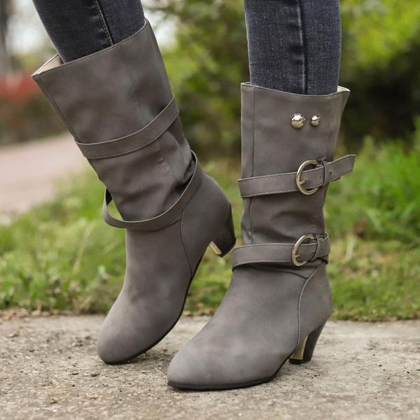

autumn winter women boots pu leather buckle strap western boots ladies mid heels round toe female shoes botas mujer, Black