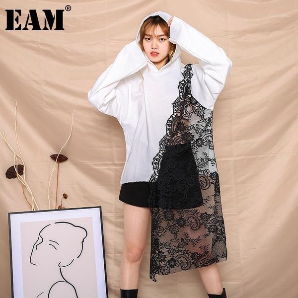 

eam] loose fit white lace irregular sweatshirt new hooded long sleeve women big size fashion tide spring autumn 2021 1a333001, Black