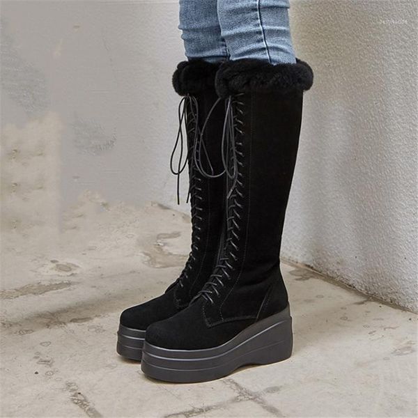 

boots pxelena luxury real fur snow women knee high lace up cow suede wedge heels punk rock gothic long winter warm shoes1, Black