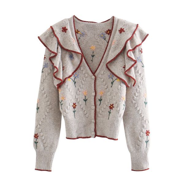 

2021 new contrast floral embroidery cropped knitted sweater women vintage ruffle long sleeve v neck argyle cardigan jyr1, White;black