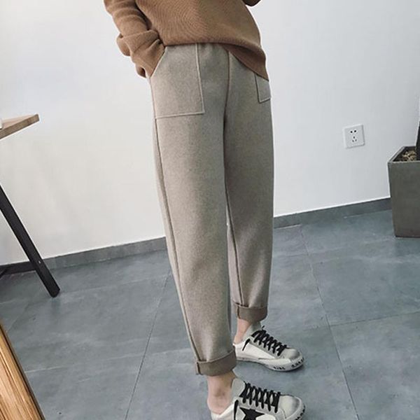 

women's pants & capris solid plus size high waist wool female 2021 pockets casual work trousers korean autumn winter womens harem, Black;white