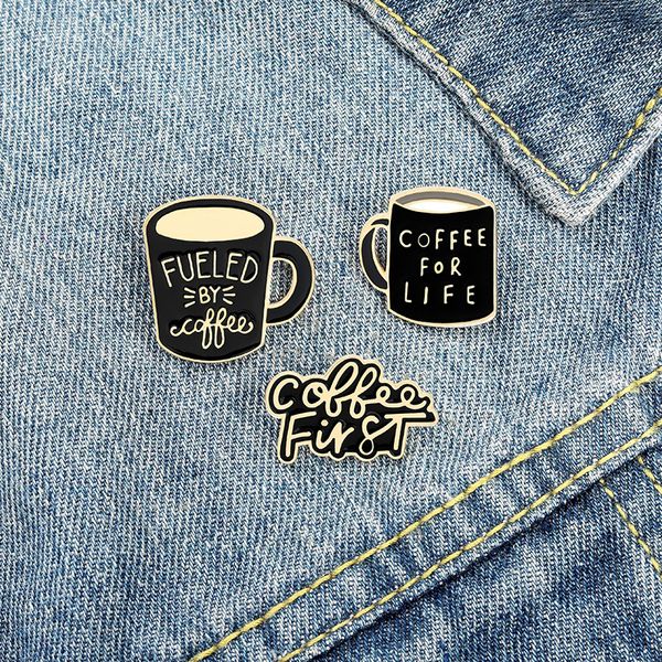 

coffee for life cup vintage enamel brooches pin for women fashion dress coat shirt demin metal brooch pins badges promotion black color, Gray