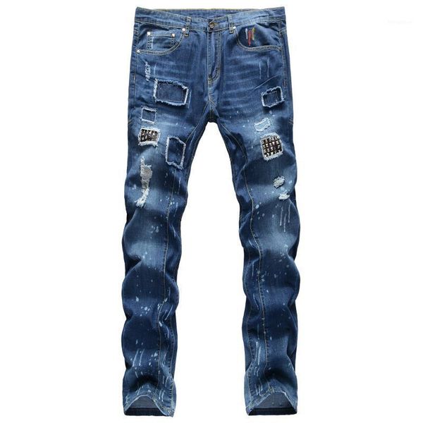 

embroidered flares jeans men hole bleached pleached slim straight ripped denim trousers full length plus size1, Blue