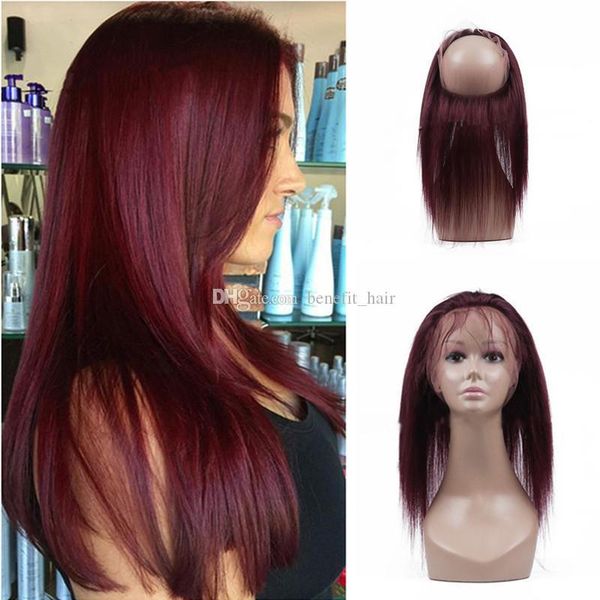 

22.5*4*2 inch 360 lace band frontals with baby hair #99j burgundy color straight hair 360 full lace frontal closures 8"-22"inch, Black;brown