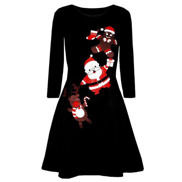 

elegant christmas dresses women vintage evening party dress long sleeve cute elk santa claus doll printed swing vestidos f814, Black;gray