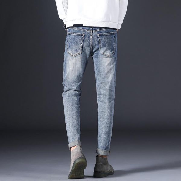 

men's jeans logo light blue male feet straight canister child han edition cultivate morality elastic casual pants
