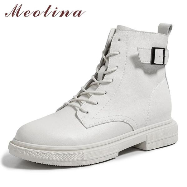 

meotina motorcycle boots women shoes buckle real leather flat platform ankle boots zip lace up lady short autumn winter, Black