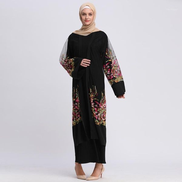 

women abaya dress cardigan long muslim dress embroidery flower mesh elegant club party islamic caftan marocain1, Red