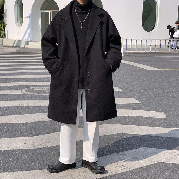 

korean style long woolen coat men's fashion casual oversize woolen coat men overcoat wild loose couple jacket m-2xl, Black