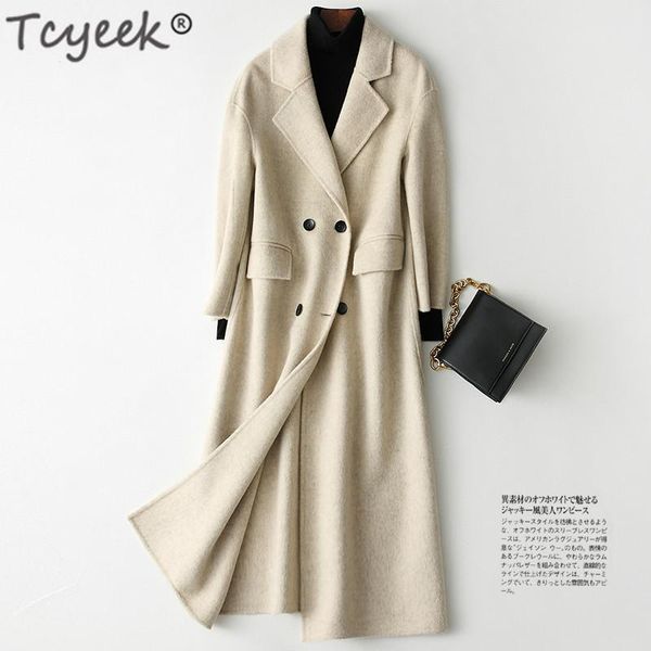 

tcyeek autumn winter coat women real wool coat female long jackets korean elegant alpaca woolen jacket clothes overcoat 18866, Black