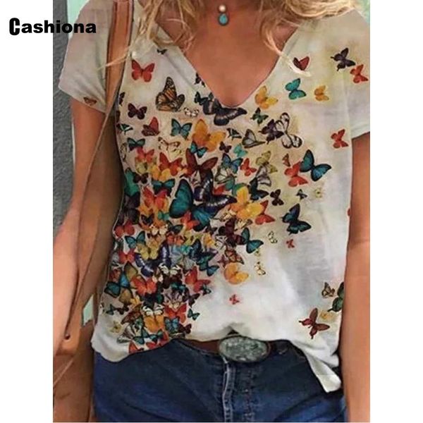 

cashiona женщины elegant отдыха повседневная футболка цвет бабочки для печати v-образным вырезом сыпучие плюс размер femme tops 2020 летняя, Silver