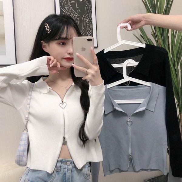 

foefg рукав двойной воротник поло длинный рукав вязаный кардиган корейский двойной воротник куртки женщин молния молния поло короткий шор ко, White;black