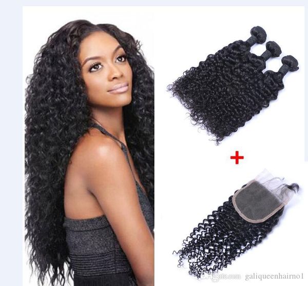 

brazilian jerry curly human virgin hair weaves with 4x4 lace closure bleached knots 100g pc natural color double wefts hair extensions, Black;brown