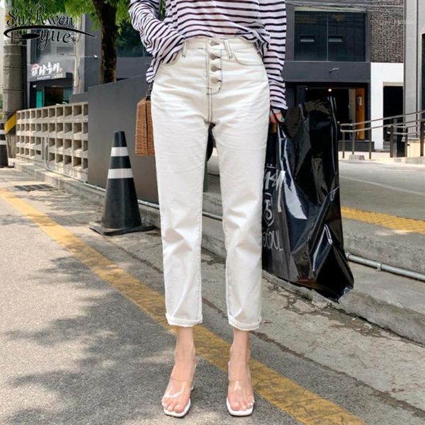 

korean style autumn new women's classic all-match elastic jeans for women white straight casual pants capri jeans woman 104171, Blue
