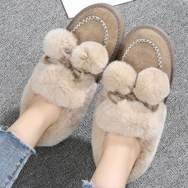 

34~43 large size winter fur ankle snow boots women pompom tassel suede plush flat booties fashion ladies comfortable fringe boot, Black