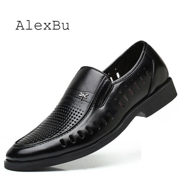 

alexbu spring summer new men genuine leather shoes man formal dress shoe breathable men's shoes casual loafers slip on comfort, Black