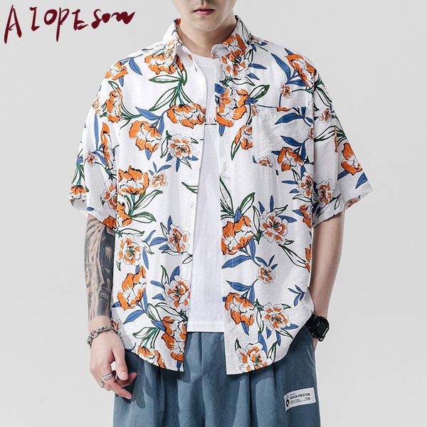 

2020 new shirt men's summer short-sleeved fashion retro casual loose and comfortable oversize printed beach shirt leisure, White;black