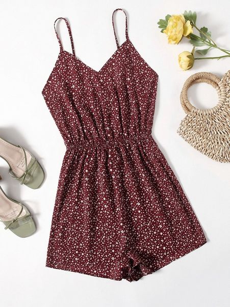 

allover print shirred waist slip romper e0qa#, White