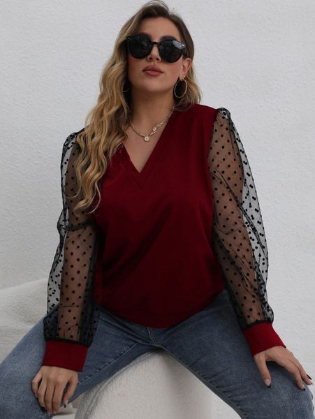 

plus contrast dobby mesh puff sleeve sweatshirt 19hz#, Black