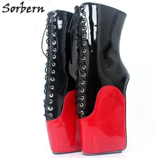 Sorbern preto e vermelho meados de bezerro mulheres botas heeless balé cunha boot hoof heof heof lace up fetiche salto alto botas de salto senhoras DIY