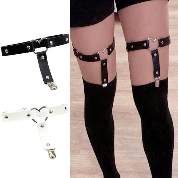 

women gothic punk heart leg garter belt with anti-slip metal clip elastic adjustable harness harajuku thigh ring bondage, Black;white