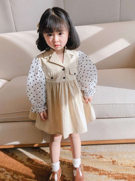 

2020 girls' spring french elegant dot mh bubble sve pleated drs p9205, Red;yellow