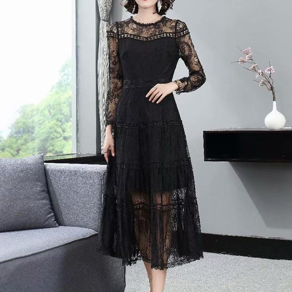 

2021 autumn new style lace hollow long sleeve party slim temperament long black dress women's clothing, Black;gray