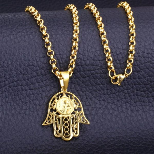 

luxusteel hamsa lucky hand shape pendant necklace bijoux female cuban link chain jewelry collier wholesale accessories, Silver